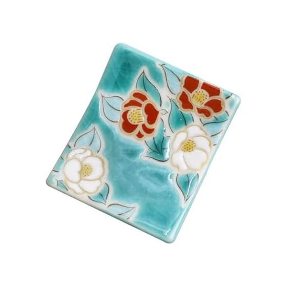 Japanese Kutani Ware Ceramic Chopstick Rests with Tsubaki (Camellia) Design, Elegant Tableware, Gift for Special Occasions, Includes Pouch