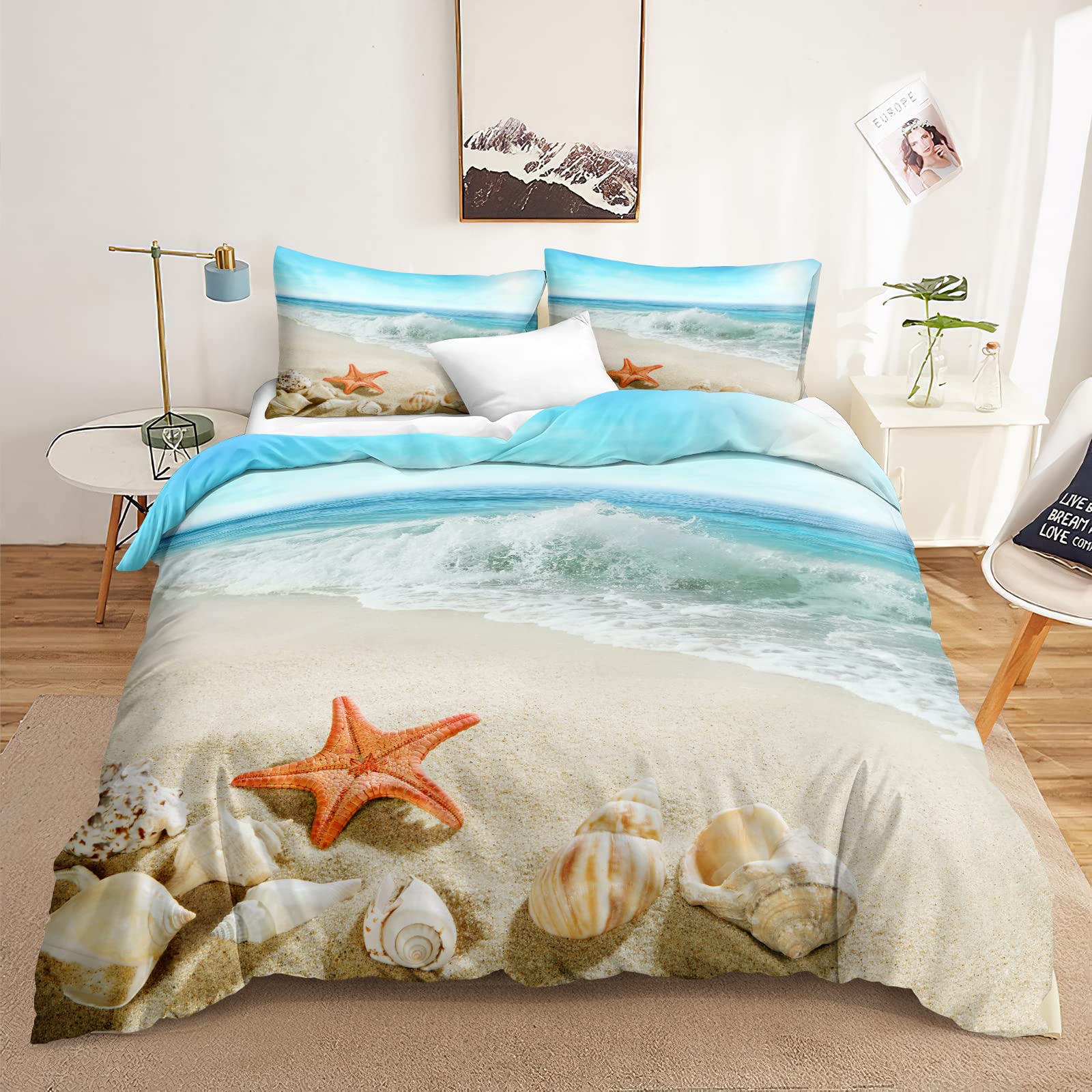 

Beach Comforter Cover, Coastal Duvet Covers Queen,Teen Girls Boys Starfish Decor Microfiber Quilt Cover, Beach Themed Bedding EU single(135x200cm)