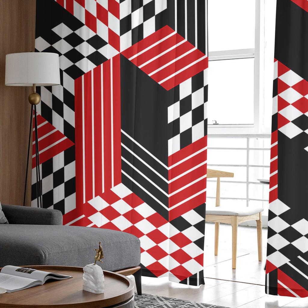 Red Black Geometric Abstrac Middle Ages Voile Sheer Curtains Living Room Window Tulle Curtain Kitchen Bedroom Drapes Home Decor