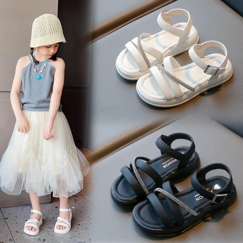 Girls' Sandals 2024 Summer New Children Fashion Versatile Beach Shoes Little Girl Sweet Casual Princess Shoes with Shiny Diamond