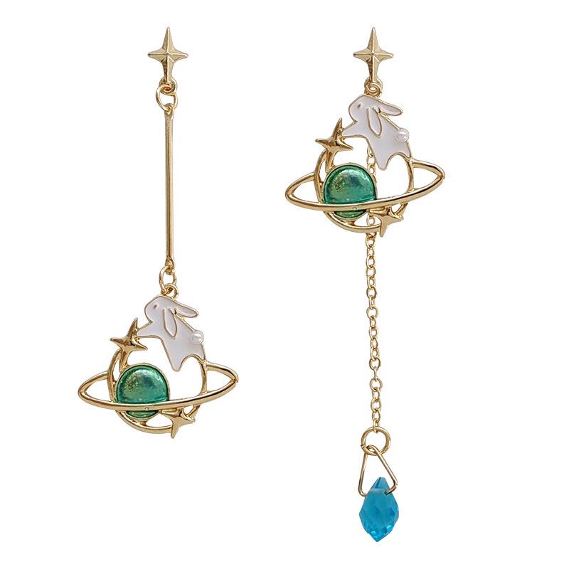 S925 Sterling Silver Planet Tassel Earrings with Cute Rabbit Design
