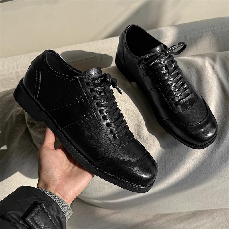 Fashion Men Fashion Genuine Leather Vulcanized Shoes Casual Leather Flat Designer Shoes Breathable Lace up Outdoor Oxfords Walking Shoes