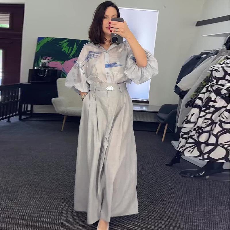 2024 Autumn Women's Puff Sleeve Shirt and High Waist Midi Skirt Two-Piece Set