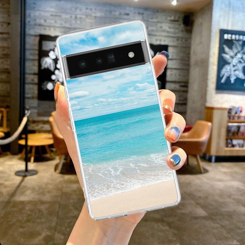 Niebieskie niebo plaża dla Google Pixel 8 7 6 Pro 6A 5 4 5A 4A 3A XL 5G etui na telefon silikonowy odporny na wstrząsy miękki przezroczysty pokrowiec Fundas