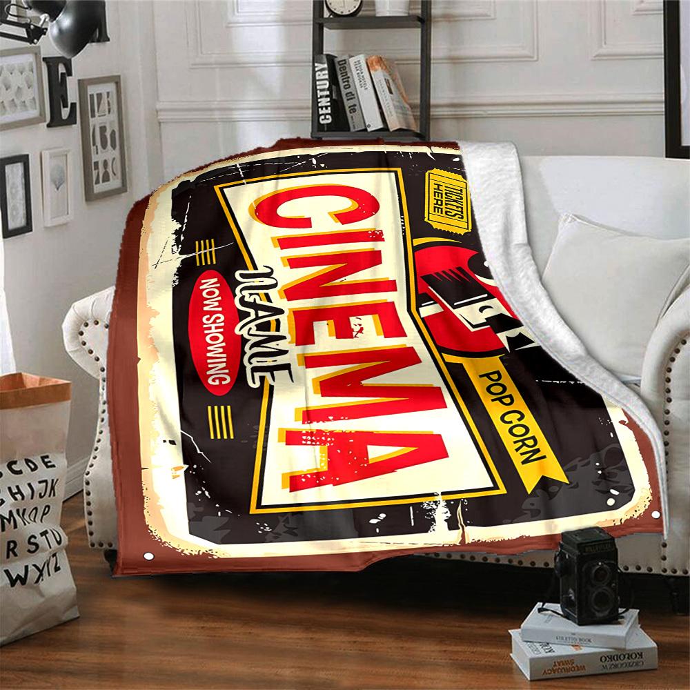 Retro Cinema Poster Design With Popcorn And Ticket Throw Customizable Blanket Personalized Name Soft Cozy Suitable For Sofa Couch Office Bed Picnics