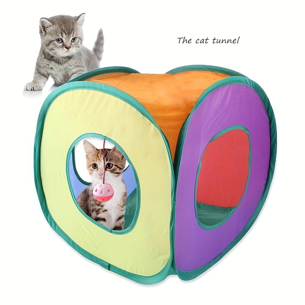 Foldable Rainbow Cat Square Tunnel Square Tunnel Toy Cats with Hanging Ball Pet Hideaway Playhouse Interactive Cat Cave