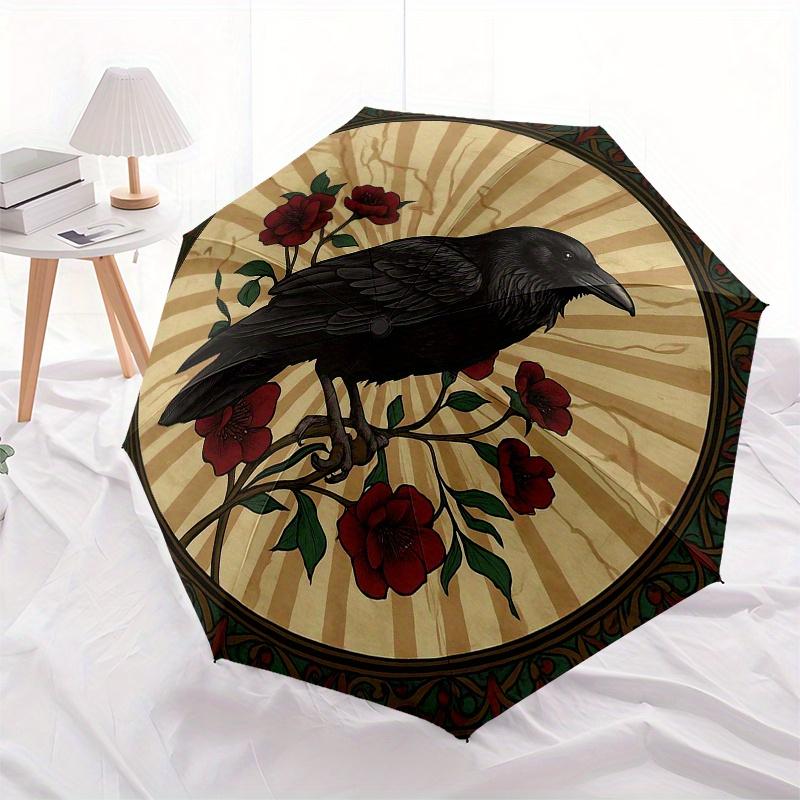 Raven & Red Roses: A Unique Circular Art PrintUmbrella, Portable 3-Fold Compact Umbrella,Christmas Gift ES370
