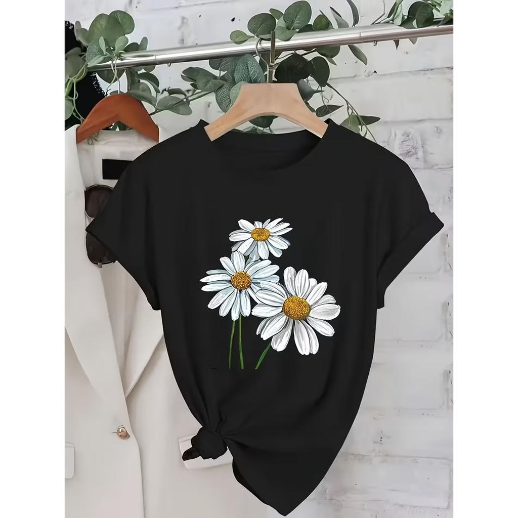 WomenS Casual DDaisy Print TShirt  Short Sleeve  White Daisies and Green Leaves Design Ladies T Shirts Daily Wear