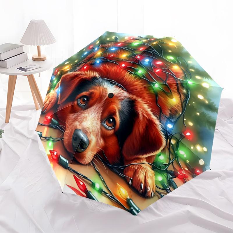 1pc Christmas Lights Dog Automatic Opening/Closing Folding Umbrella with 8 Ribs, Plastic Handle, Windproof Portable Sunshade Umbrella yy251222217