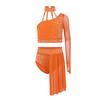 Girls Contemporary Dance Outfit One Shoulder Sheer Mesh Long Sleeve Rhinestone Crop Top with Irregular Skirt