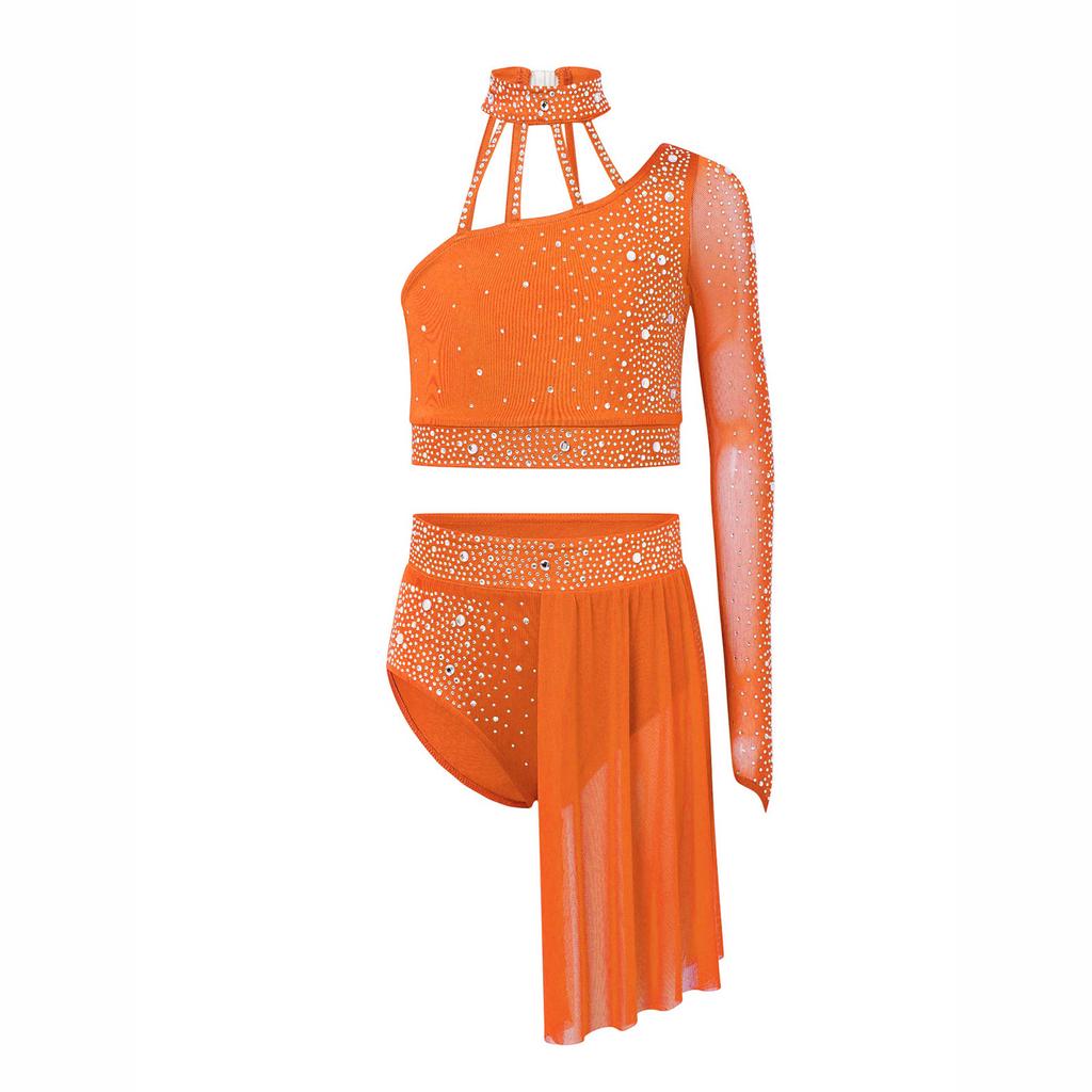 Girls Contemporary Dance Outfit One Shoulder Sheer Mesh Long Sleeve Rhinestone Crop Top with Irregular Skirt