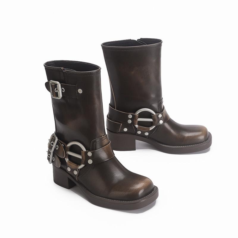 Polierte Retro-Western-Cowboystiefel Ritterstiefel dicker Absatz kurze Zigarettenstiefel eckige Lokomotivstiefel