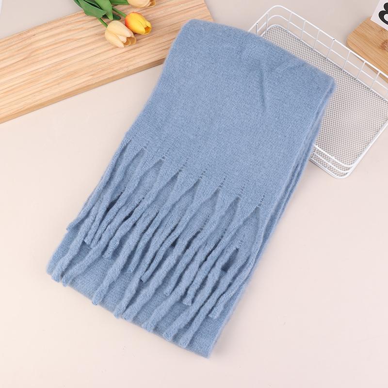 

Soft Winter Scarf Solid Color Warm Long Tassel Scarves Mohair Thickened Wrap Shawls For Women Girls синий