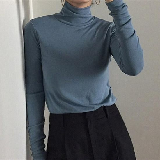 Women's Slim Fit High Collar Long-Sleeve Solid Color T-Shirt - Early Spring Korean Style