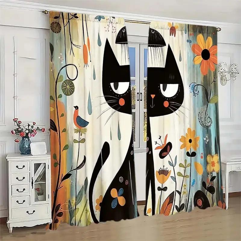 2 Pcs Cartoon cat flower print curtains,suitable for bedroom,living room kitchen decoration,home decoration,window decoration