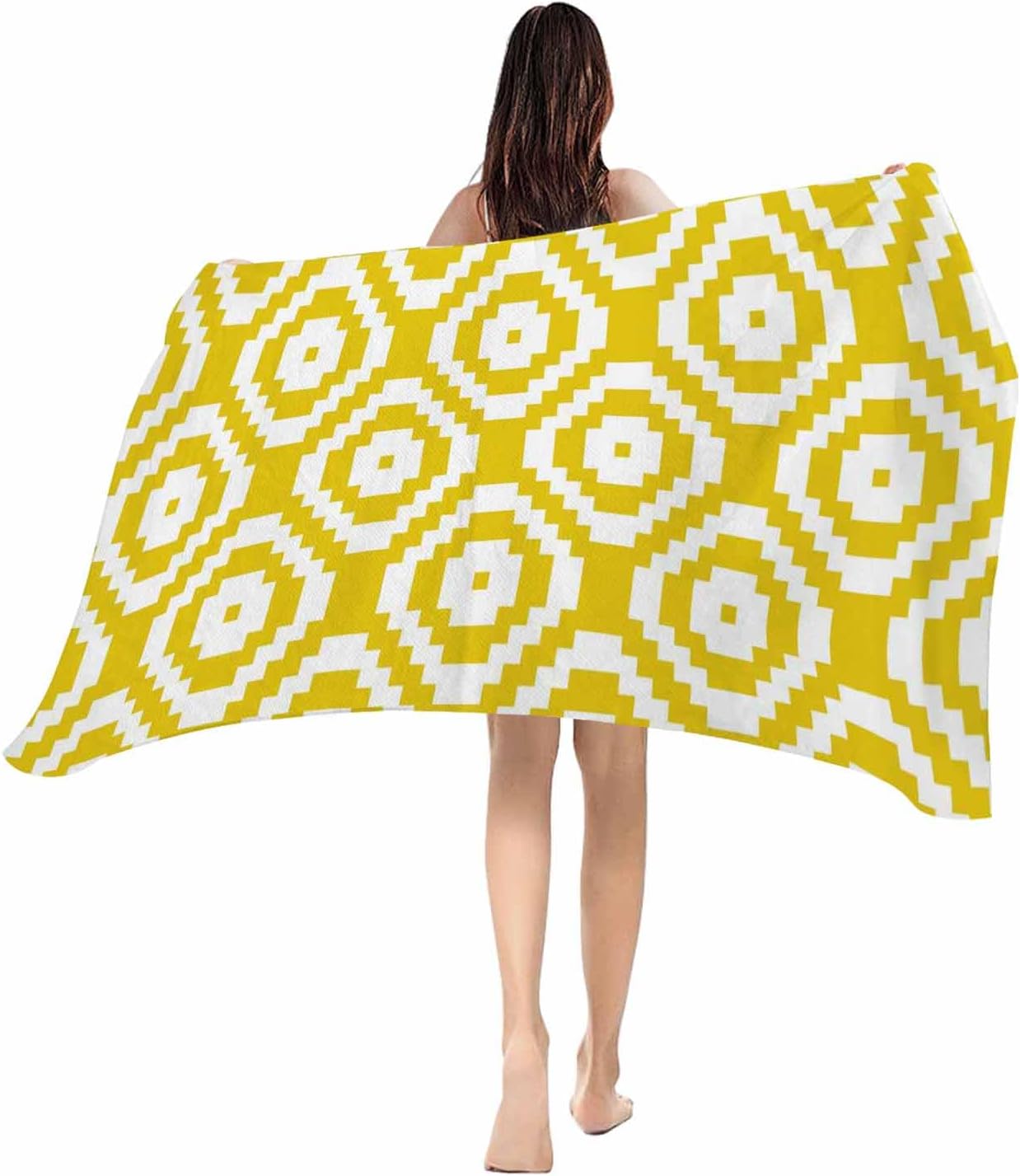 

Beach Towel Yellow Modern Geometric Bath Pool Towels Abstract Square Soft Absorbent Beach Towel Lightweight Large Quick Dry Swim W30*H60(CM)