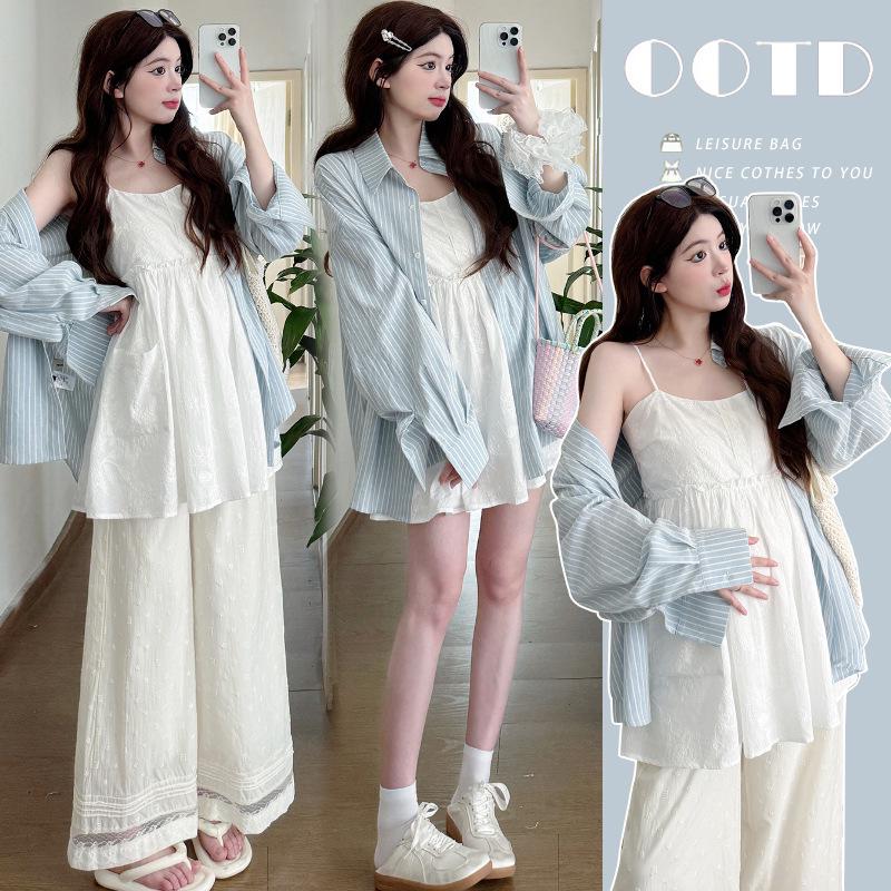 

Early Autumn Maternity Wear: Lace Camisole, Dress Shirt & Wide-Leg Pants Three-Piece Set L