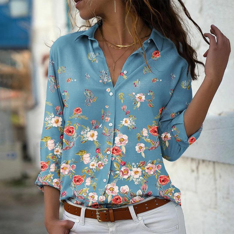 Spring Shirt Fashion Printed Lapel Long-sleeved Shirt Women