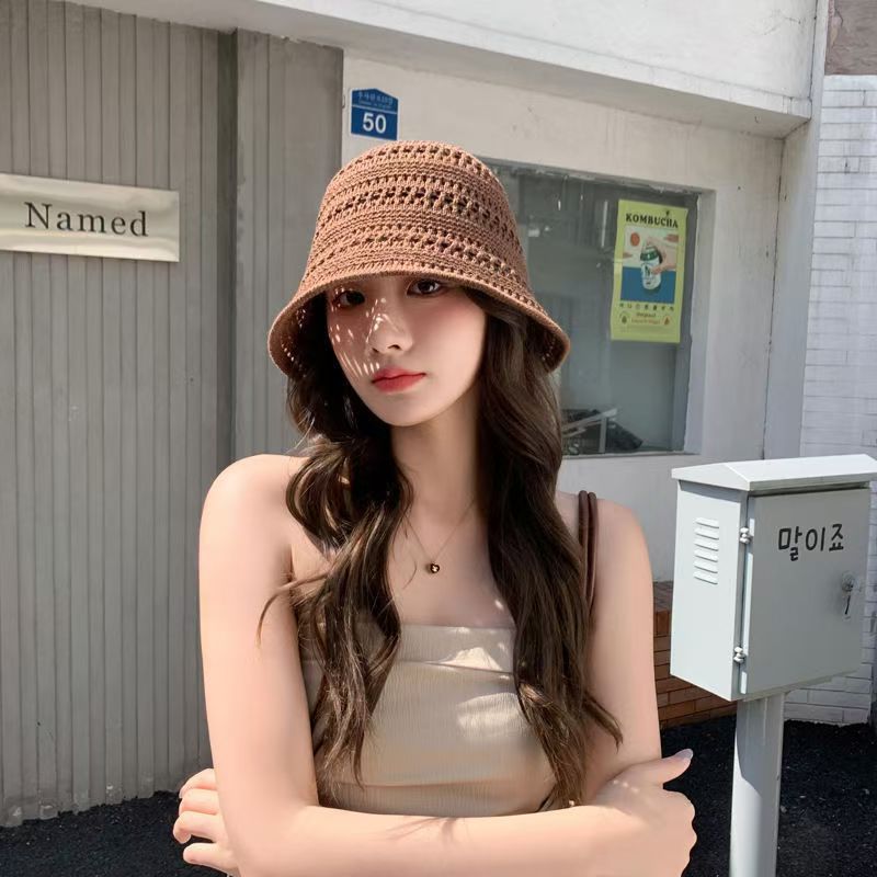 Solid Knit Hollow Out Bucket Hat Women Spring Summer Breathable UV Sun Protection Fisherman Hat