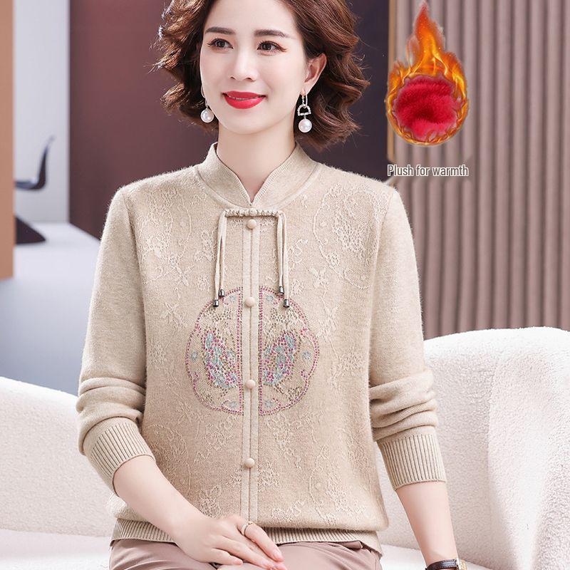 2024 Elegant Velvet Sweater for Women 50+, Chinese Style, Warm and Thick Base Layer for Mother's Wear.