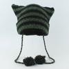 Crochet Stripe Pattern Cat Ear Hat with Pom Pom Winter Knitted Hat Winter Christmas Presents for Students Teenagers