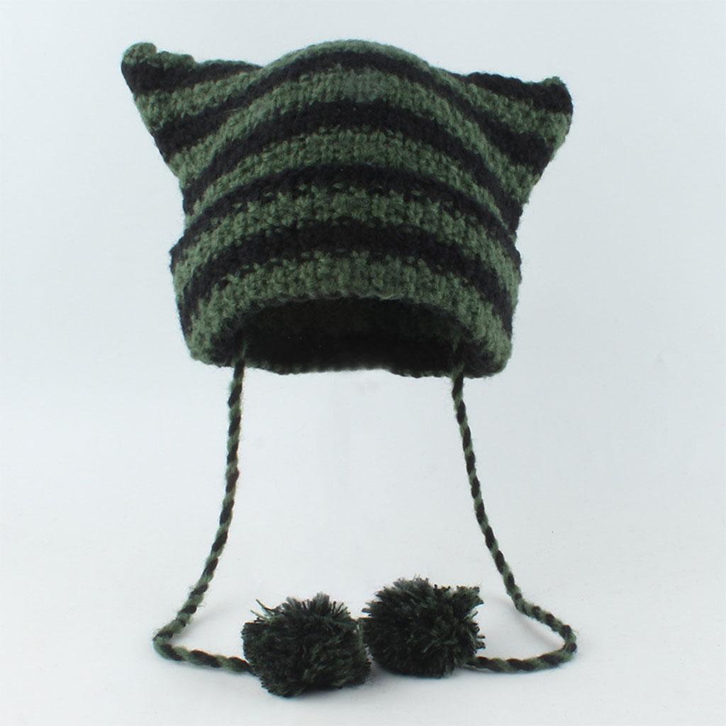 Crochet Stripe Pattern Cat Ear Hat with Pom Pom Winter Knitted Hat Winter Christmas Presents for Students Teenagers