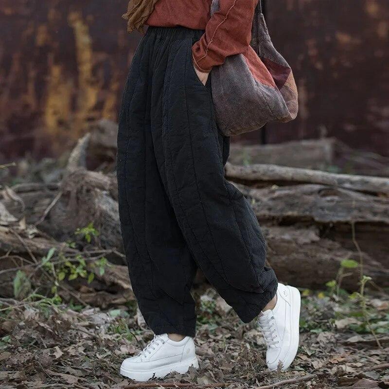 Johnature Women Plus Cotton Warm Winter Bloomers Pants Loose Pockets Vintage Thick Women Long Pants