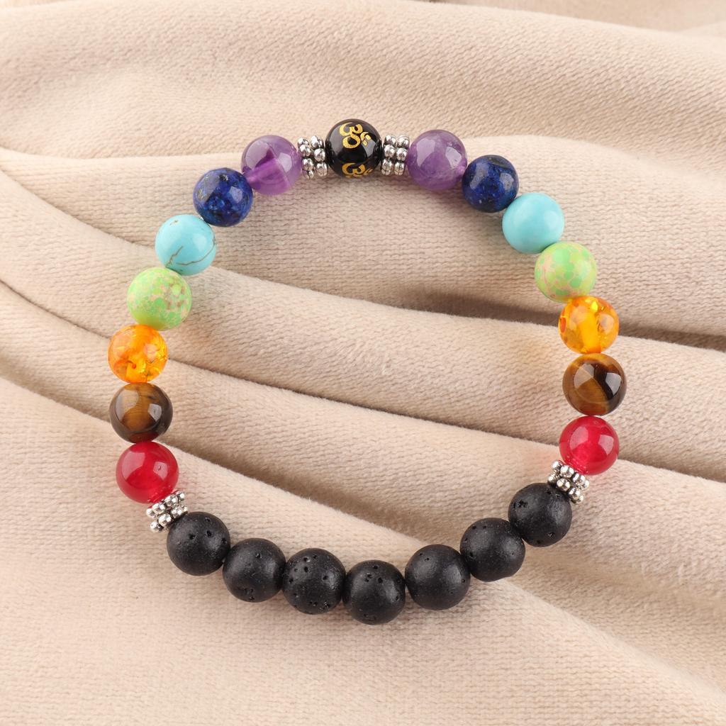 7 Chakra Lava Stone Bracelet, Natural Gemstone Beaded Bracelet, Yoga Meditation Reiki Jewelry, Unisex Gift for Men Women DB-6