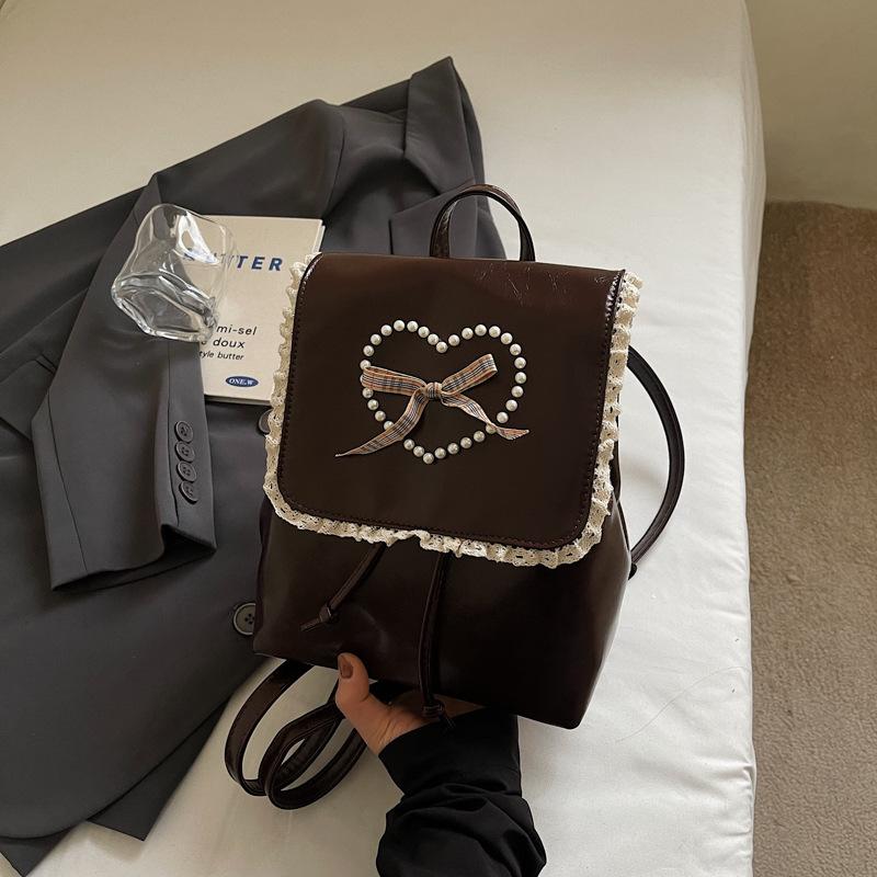 Fashi Sweet Ballet PU Leather Women's Shoulder Bags Pearl Bowknot Decorati Female Backpack Large Capacity Ladies School Bag