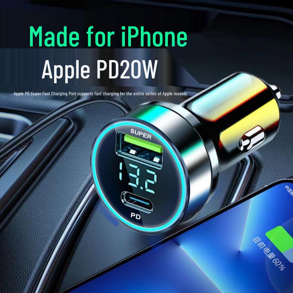 66W Fast Charging Car Charger with Digital Display and Metal Ring