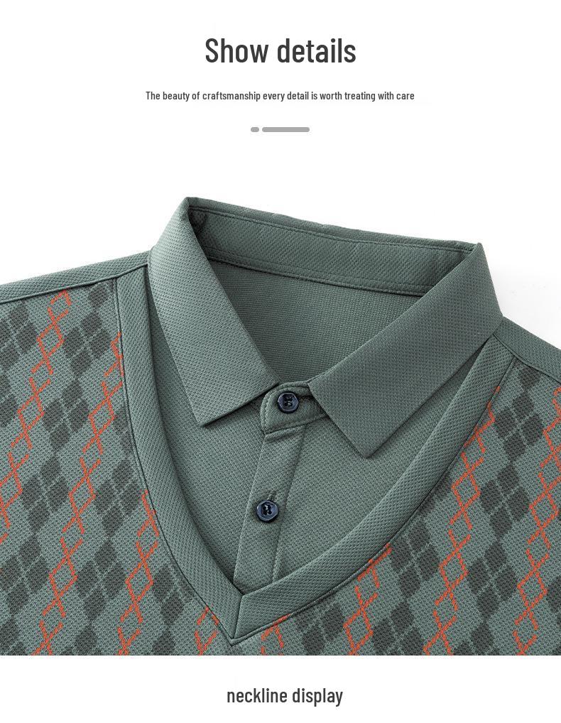 Men's Long Sleeve Rhombus Print Lapel T-shirt - Fake Two-Piece Casual Top