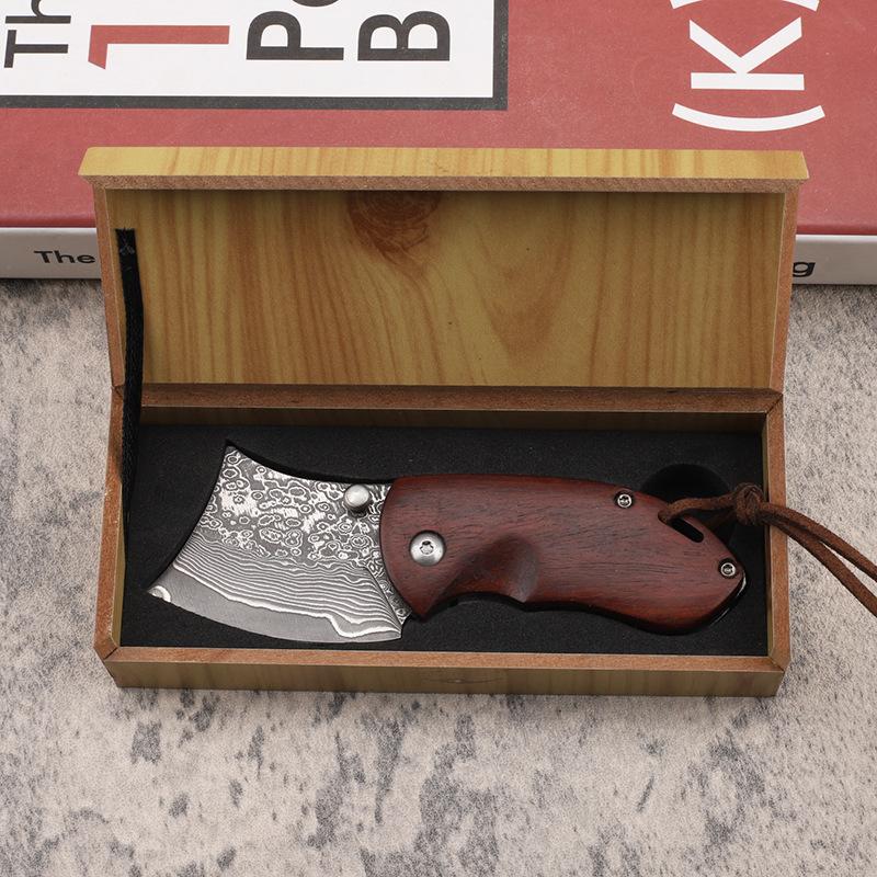 New Style Damascus Steel Folding Knife with Yellow Sandalwood Handle, Collectible Multi-Purpose EDC Tool for Fruit Cutting