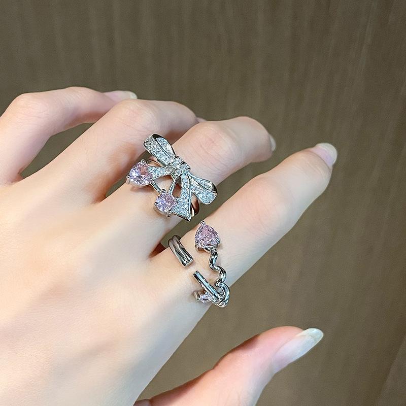 Rosa Liebes-Schleife Kirsch-Zirkon Mikroeingefasster Ring Personalisierter Mode-Mädchenherz Offener Ring