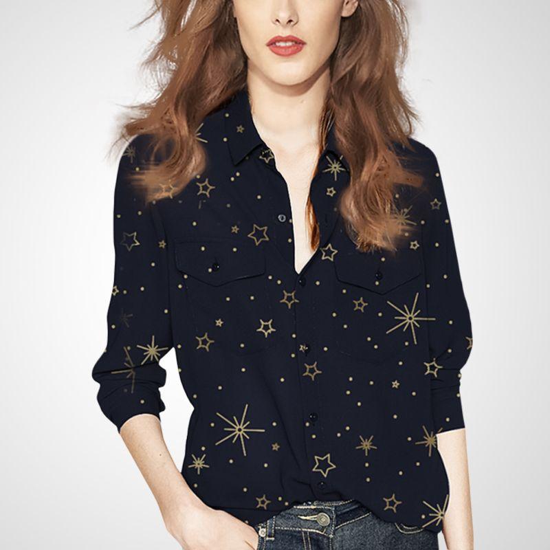 

Elegant Slim Looking Long Sleeve Loose Top Chiffon Blouse Starry Sky + Deep Green S