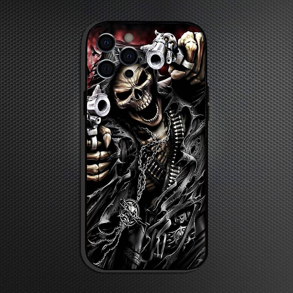 Reaper Skull Skeleton Gun Phone Case For iPhone 16,15,14,13,12,11 Plus,Pro Max, Soft Silicone Black Cover iPhone15