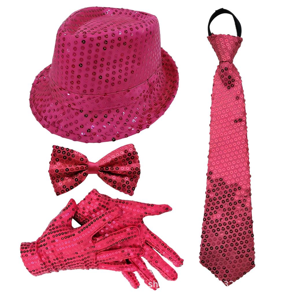 Prestandaprops: Paljettprydd hatt, slips, handskar, hängslen, herrkostym