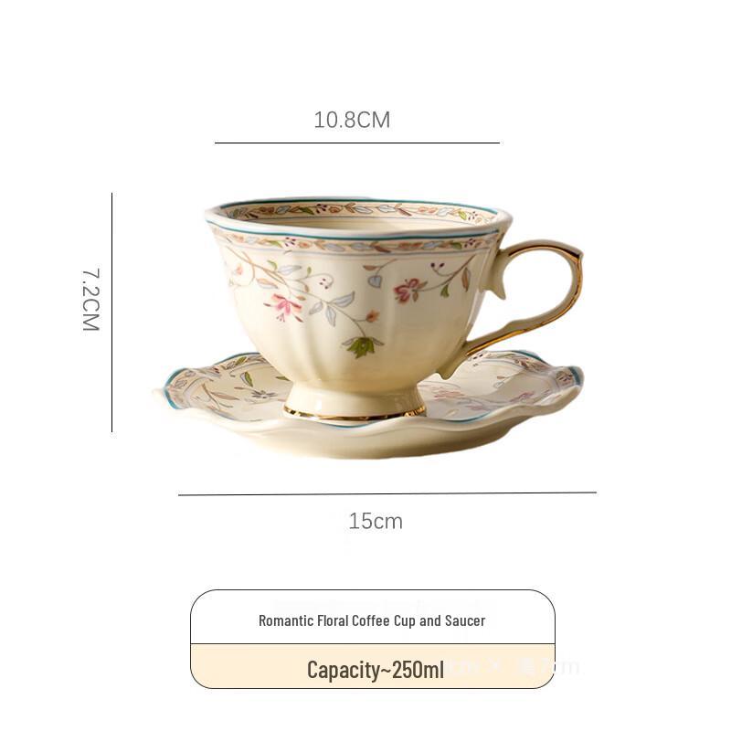 European Gold-Rimmed Floral Ceramic Coffee Cup and Saucer Set