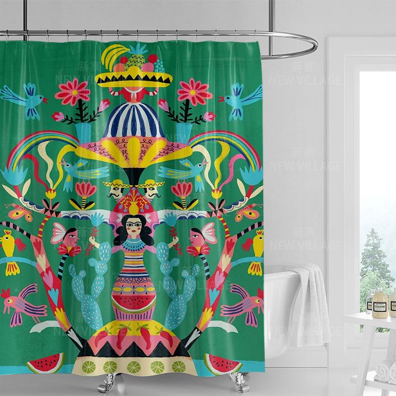 

Mexican-Style Colorful Female Shower Curtain-Lady in Bright Attire, Cacti, Watermelons,Birds & Flowers, High-Quality, Waterproof 90x180cm