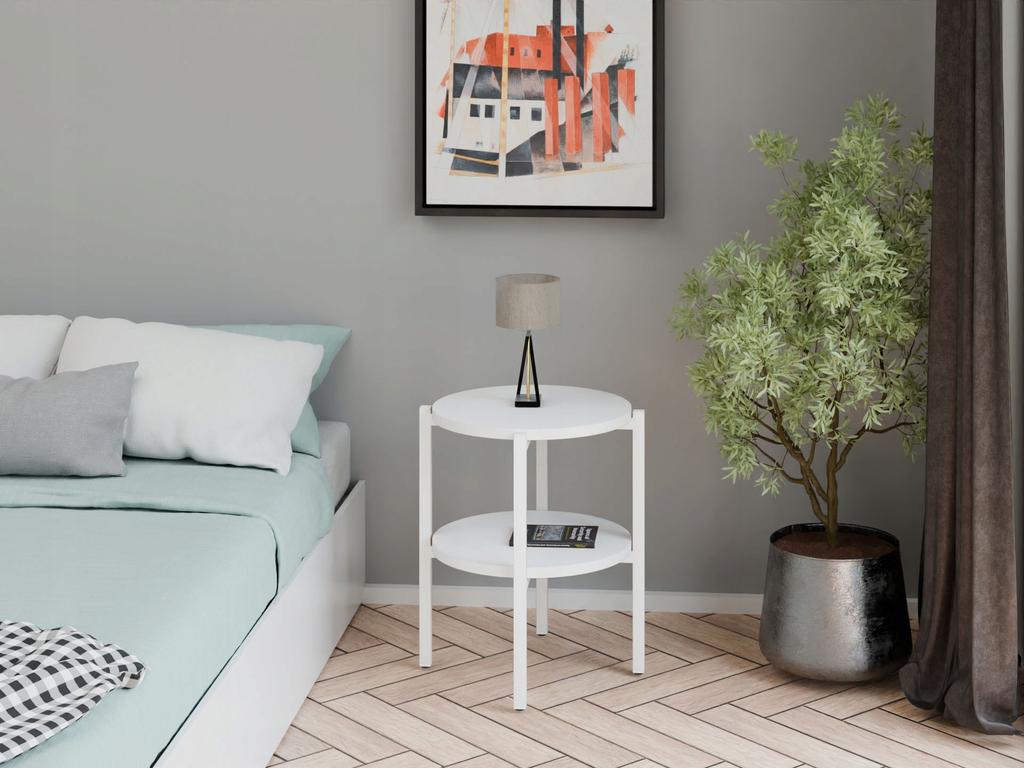 Stolik Nocny Okrągły Loft Z Półką 35X35X46 Cm Metalowy Biały