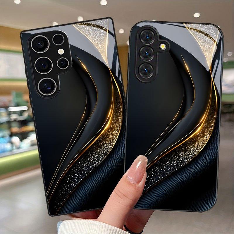 Coque de téléphone en verre noir motif ondulé doré profilée adaptée pour Samsung GalaxyS26 S25 S24 S22 S21 S20FE/Ultra/Plus anti-chute