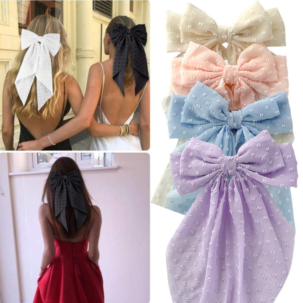Chiffon Bow Polka Dot Streamer Hairpin Spring Clip Back of Head Female Hairpin Headgear Fresh and Sweet