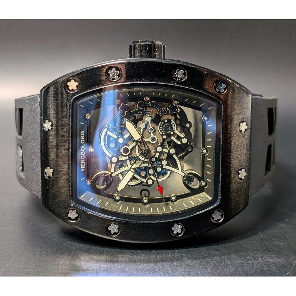 Used New Watch Richard Mille Type Quartz Homage Watch Rubber Tonneau Skeleton Black