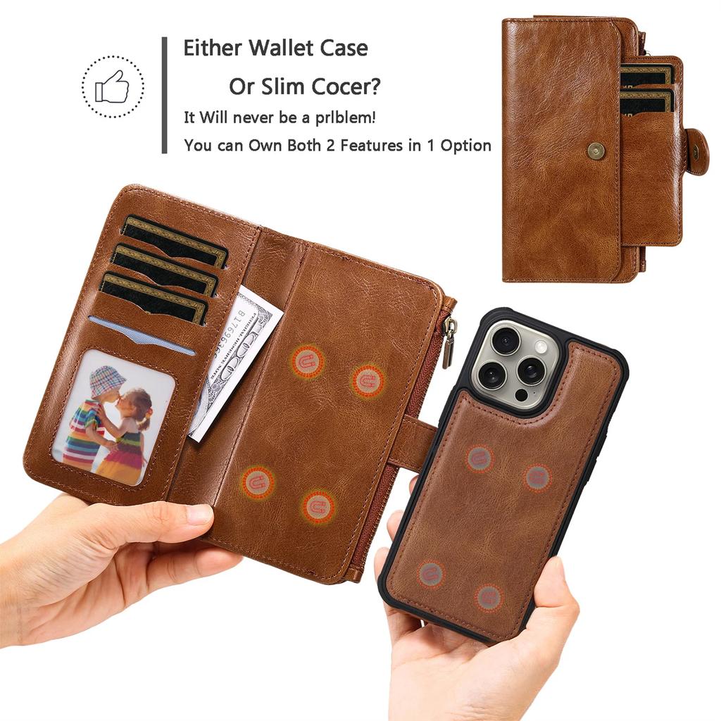Luxury Detachable Retro Leather Case for iPhone 16 15 14 Pro Max 7 8 XR Xs Max 11 12 13 Mini 14 Plus Cover Zipper Wallet Purse