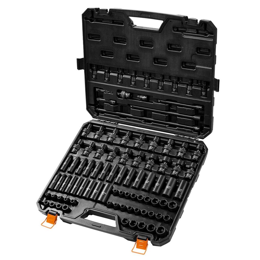 3/8" Drive Impact Socket Set, 90 Piece Socket Set SAE 1/4"-3/4" and Metric 6-19mm, 6 Point Cr-Mo Alloy Steel for Auto Repair, Includes Extension Bars