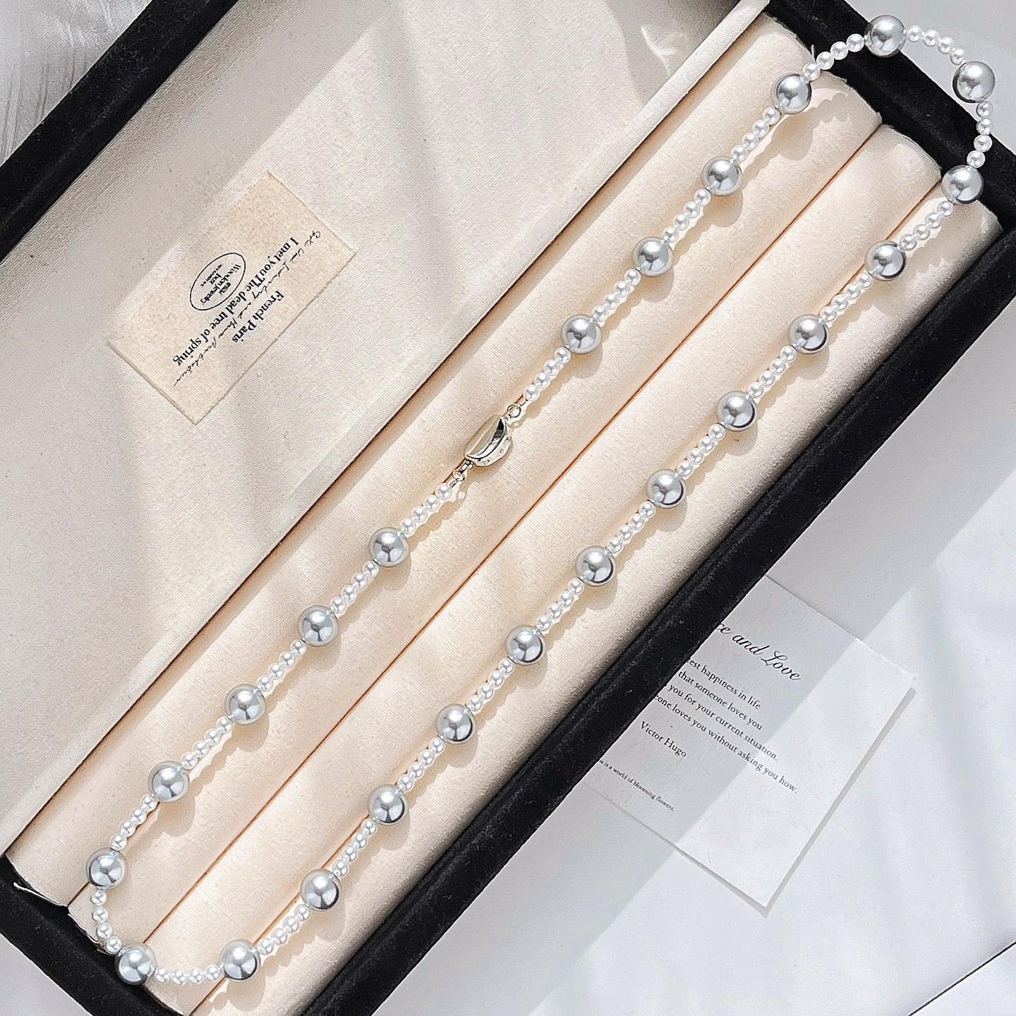 High Quality Cold White Platinum Grey Shijia Pearl Maillard Wind Necklace Collarbone Chain Neck Chain Sweater Chain Women