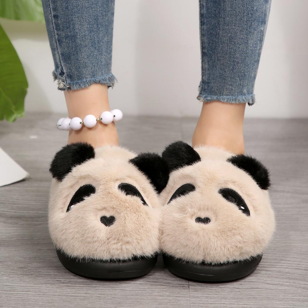Fashion Cute Panda Fluffy Fur Indoor Slippers Women 2025 Winter Warm Short Plush Flat Heel Home Slippers Comfort Non Slip House Slides