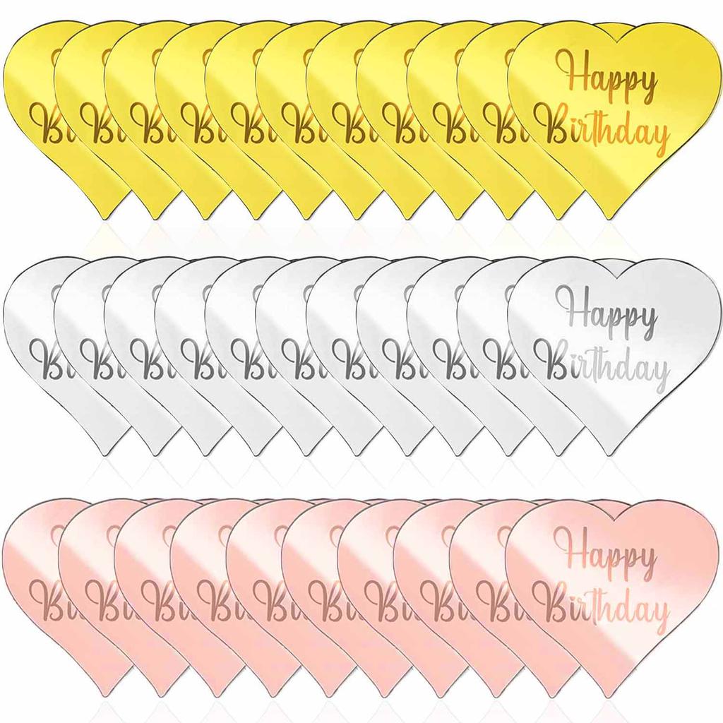 30 Pcs DIY Cupcake Decoration Toppers - Happy Birthday Mirror Acrylic Disc for Birthday Party, Gold+Rose Gold+Silver