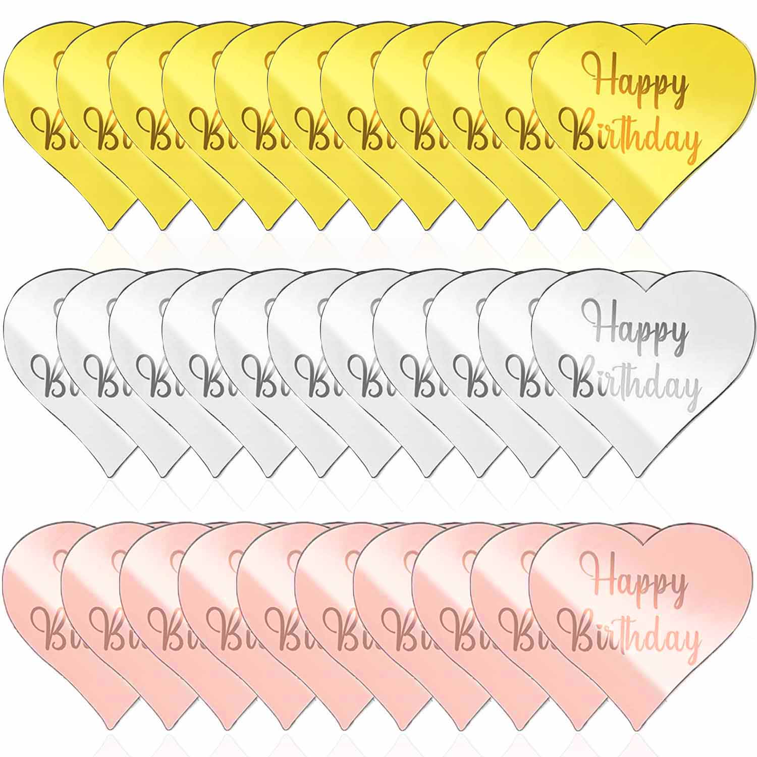 

30 Pcs DIY Cupcake Decoration Toppers - Happy Birthday Mirror Acrylic Disc for Birthday Party, Gold+Rose Gold+Silver heart-shaped