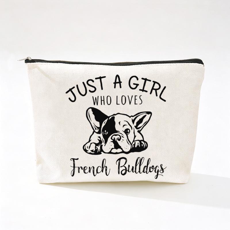 Cute Dog Print Linen Makeup Bag - Wear-Resistant & Portable Storage with Zipper