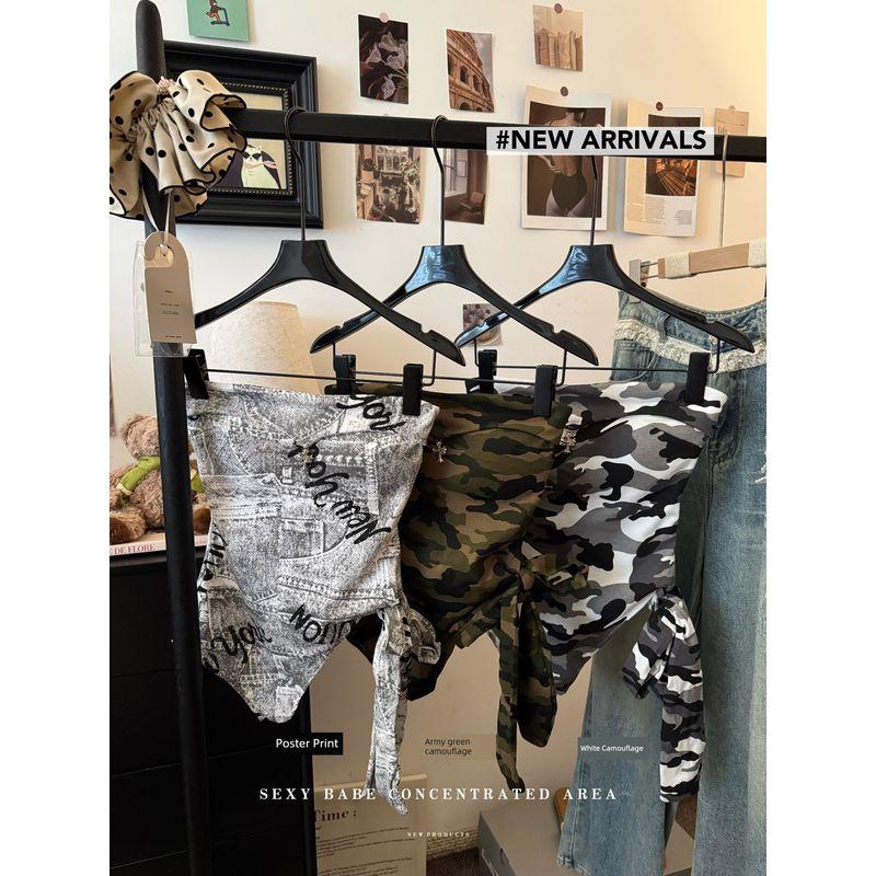 Kumikumi American Style Gyaru Style Retro Camouflage Tube Top Vest Women clothes Summer Irregular Straps Sleeveless Top